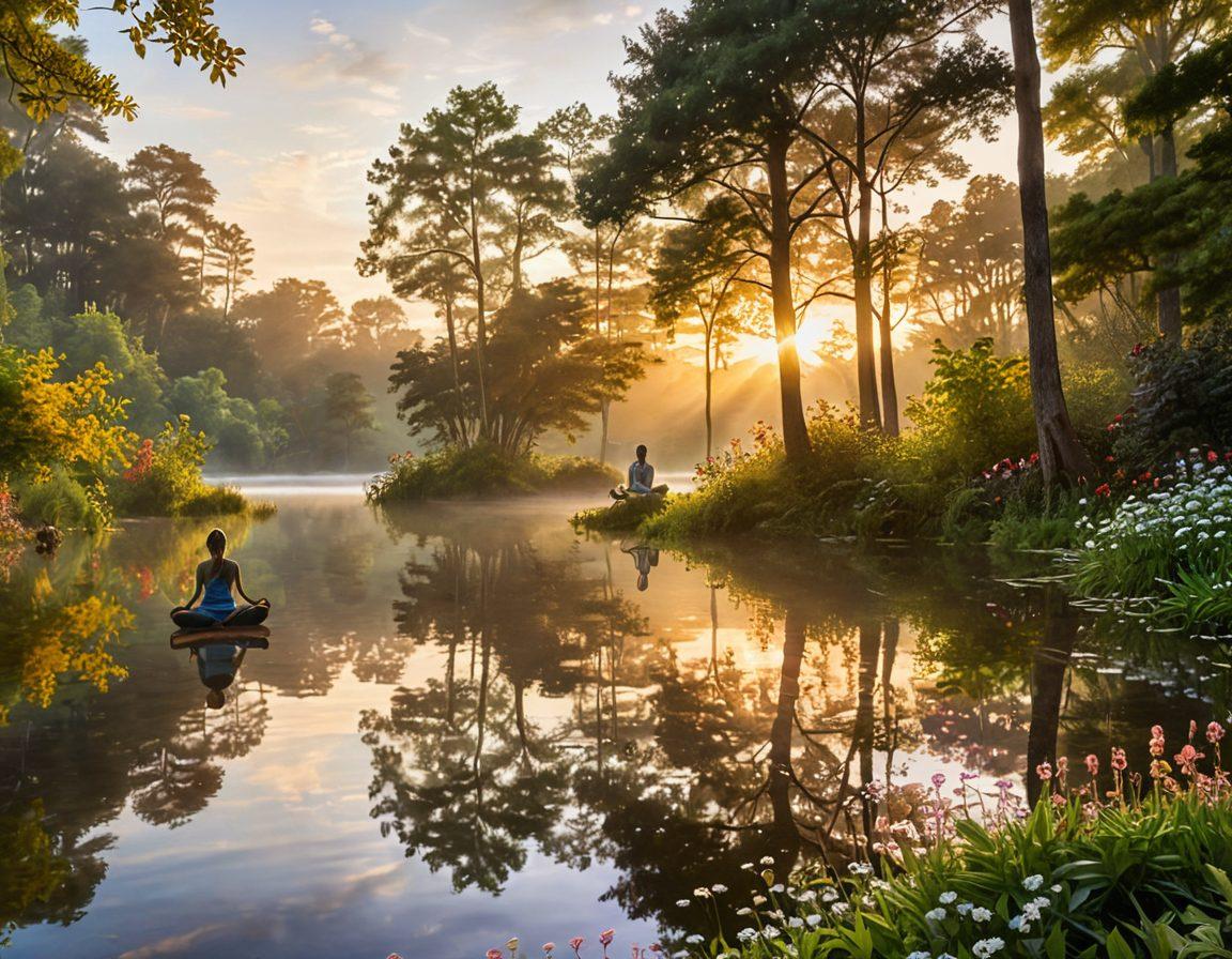 A serene landscape featuring a peaceful sunrise over a tranquil lake, symbolizing mindfulness and gratitude. In the foreground, a diverse group of individuals practicing yoga and meditating, surrounded by lush greenery and vibrant flowers. Subtle rays of sunlight filtering through the trees, creating a warm and uplifting atmosphere. Soft, inviting colors that evoke feelings of peace and happiness. super-realistic. vibrant colors.