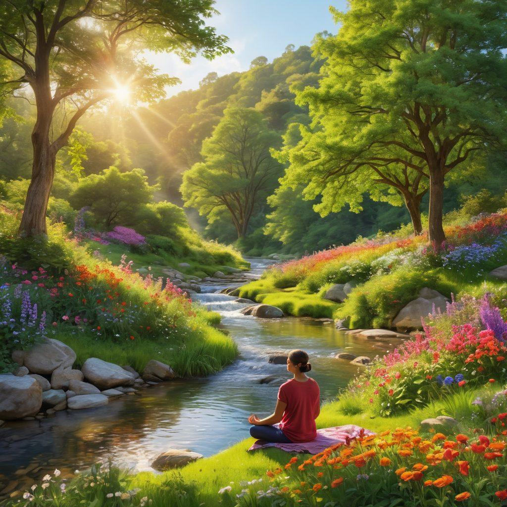 A serene landscape depicting a person meditating on a lush green hill surrounded by blooming flowers, with soft sunlight filtering through gentle trees. In the background, a peaceful river flows, symbolizing tranquility and mindfulness. The scene should evoke feelings of joy and happiness, with vibrant colors and warm tones. super-realistic. vibrant colors. natural setting.