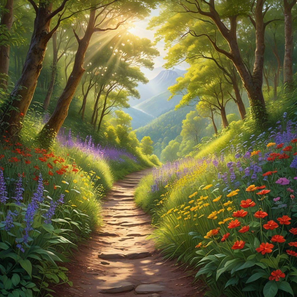 A serene winding path leading through a lush green forest, sprinkled with soft rays of sunlight breaking through the leaves, symbolizing a journey of self-care and resilience. Along the path, vibrant wildflowers bloom, representing joy and emotional health. In the distance, a peaceful horizon with gentle hills invites exploration. super-realistic. vibrant colors. natural light.